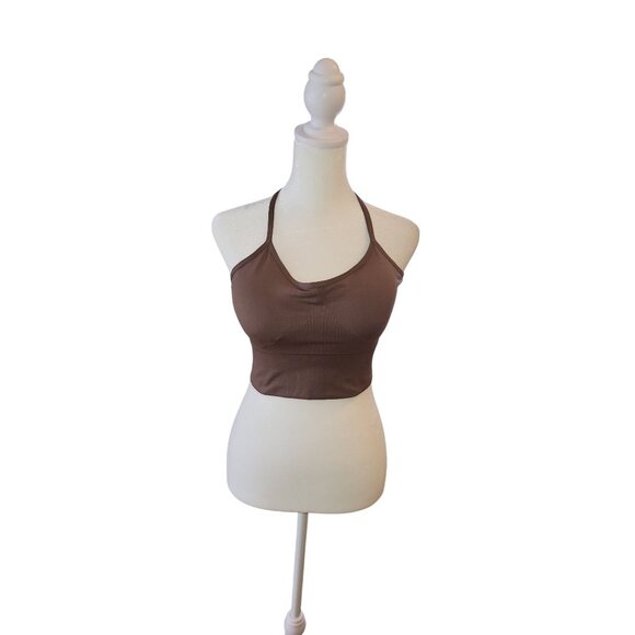 PLT Brown Strappy Back Padded Sports Bra Mesh Back Adjustable Strap Small - Picture 3 of 5